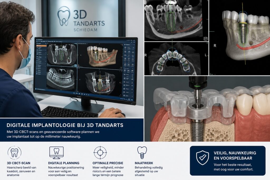 CBCT-scan en digitale implantaatplanning voor nauwkeurige plaatsing van een tandimplantaat.